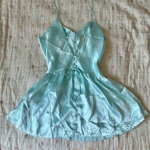 VINTAGE Y2K Light Blue Silk & Satin Tiered Ruffle Tie Back Bow Dress Slip Dress